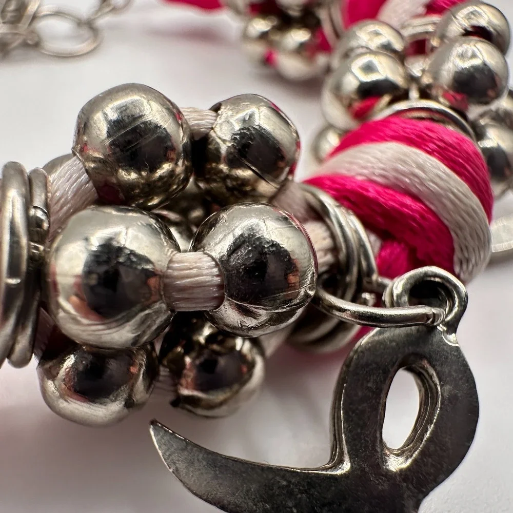 Vintage 90s Silk‎ Ribbon Breast Cancer Awareness Bracelet Silver Tone Beaded Y2K